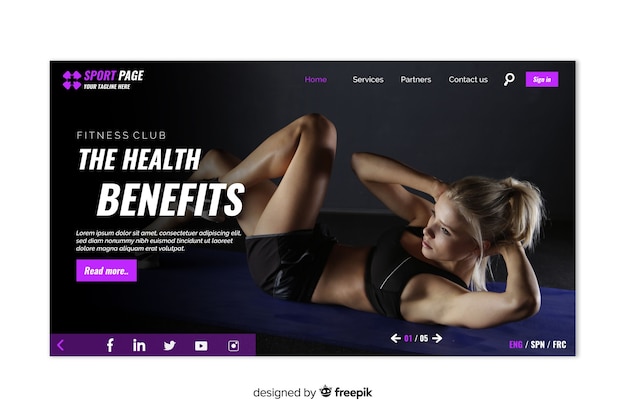 Free Vector sport landing page template with photo