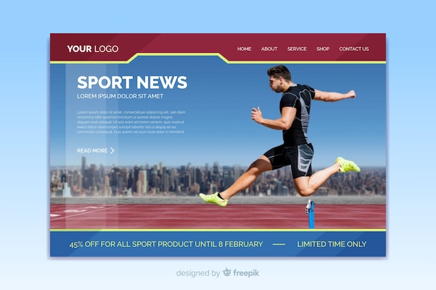 Free Vector sport landing page template with photo