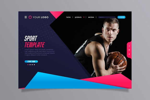 Free Vector sport landing page template with photo