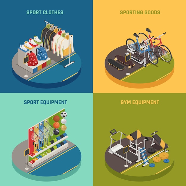 Free Vector sport shop isometric with clothing gaming inventory bicycles and skateboards gym equipment