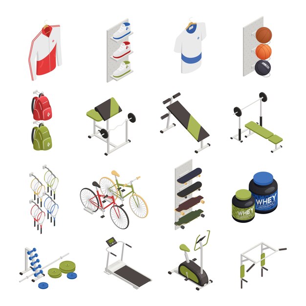 Sport shop with exercise equipment clothing and shoes bicycles and skateboards nutrition isometric elements