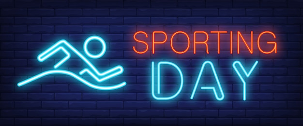 Free vector sporting day neon sign. glowing bar lettering with swimming man