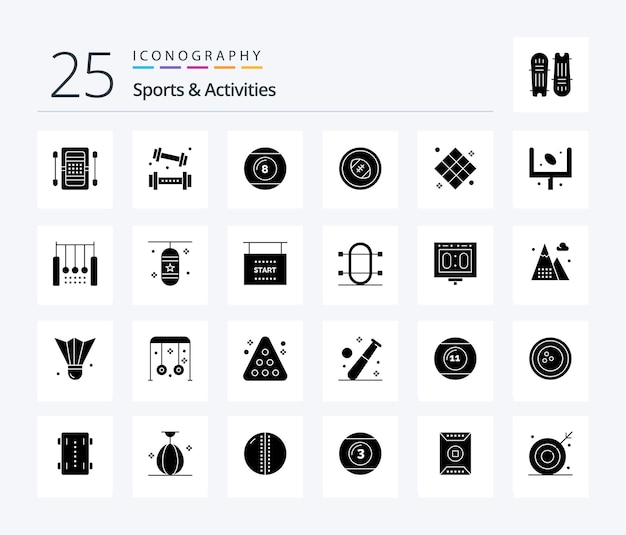 Free vector sports activities 25 solid glyph icon pack including rugby field football lifting sport lineicon