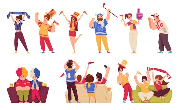 Free Vector sports fan cartoon icons set with happy people celebrating team victory isolated vector illustration