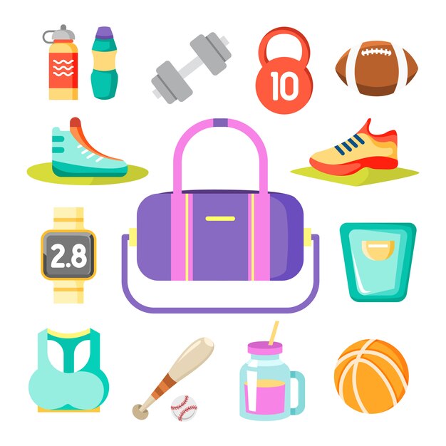 Sports items around gym bag 