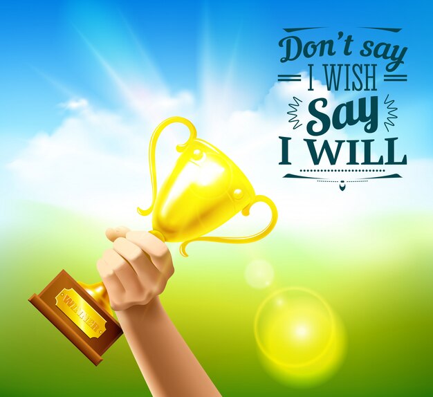 Sports quotes with victory cup and wish symbols realistic illustration