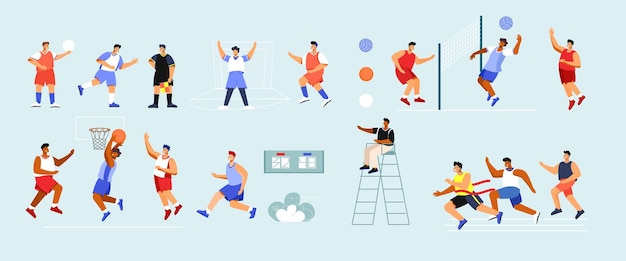 Free vector sports stadium set with flat icons and isolated doodle style characters of playing athletes in uniform vector illustration