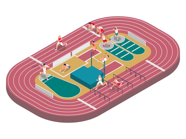 Sportsman athletics isometric composition with view of stadium with running track jumping barriers and human characters vector illustration