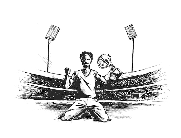 Sportsman sitting with victory cup in hand on stadium grass Hand Drawn Sketch Vector illustration