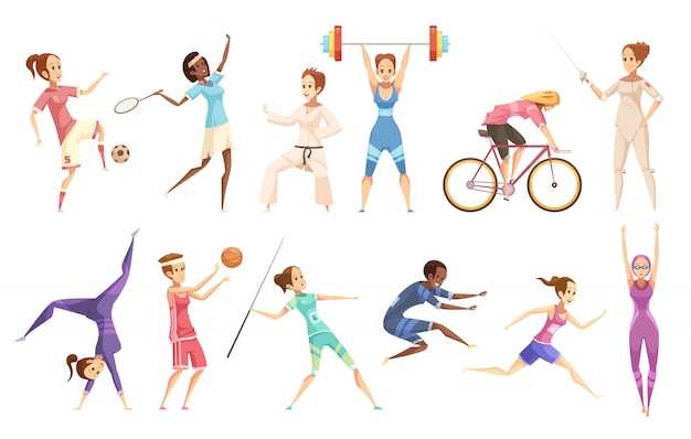 Sportswoman retro cartoon set of isolated female characters doing different kinds of sport on blank