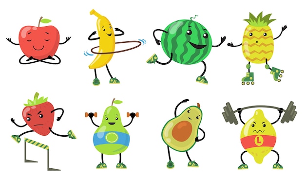 Free vector sporty fruits set. cartoon pear, apple, avocado, strawberry doing yoga, running and lifting weight in gym. flat vector illustrations for healthy food, wellness, lifestyle concept