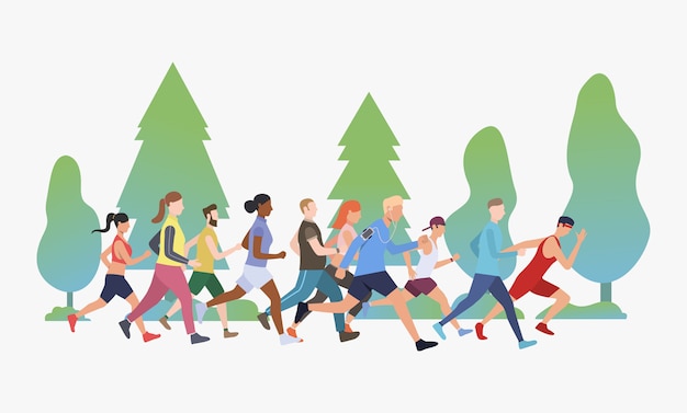 Sporty people running marathon in park illustration