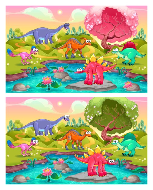 Spot the differences. Two images with six changes between them, vector and cartoon illustrations