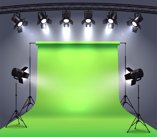 Spotlights realistic composition with photo shooting studio environment chroma key cyclorama surrounded by professional spot lights