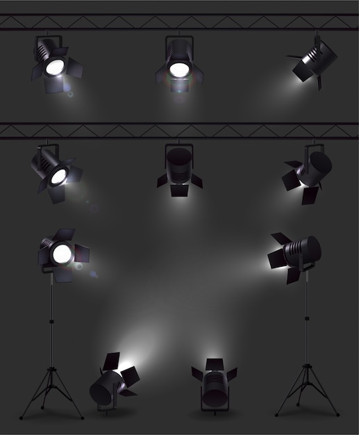 Free Vector spotlights set of realistic images with glowing spot lights from different angles with stands and reels