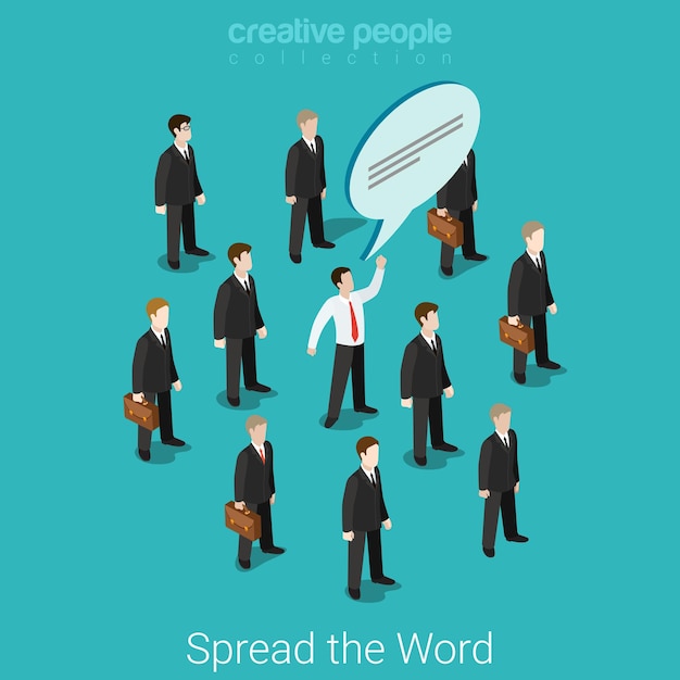 Free Vector spread the word of mouth flat isometric business communication marketing pr promo concept  businessmen group and one with chat bubble.