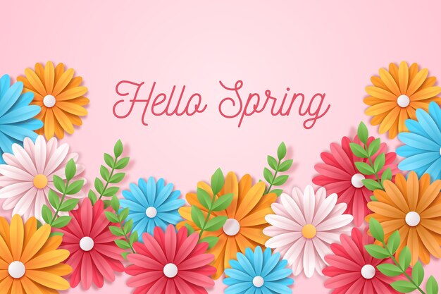 Spring background in colorful paper style with greeting