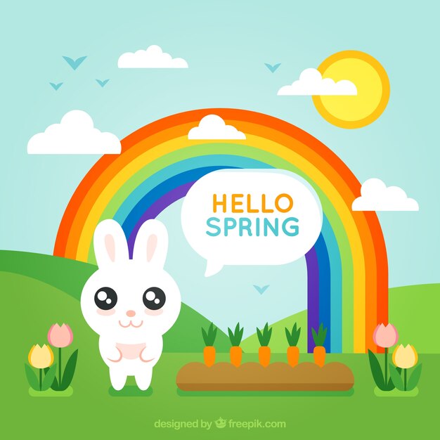 Spring background with bunny and rainbow in flat design