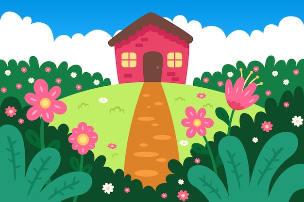 Spring background with lovely house