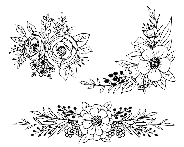 Free Vector spring flower and leaves line art collection