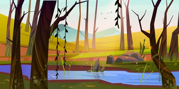 Spring forest with river and mountains at sunset