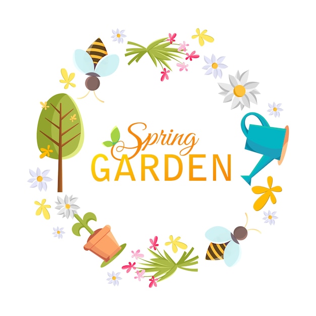 Spring garden design circle frame with images of tree, pot, bee, watering can, bird house and many other objects on the white 