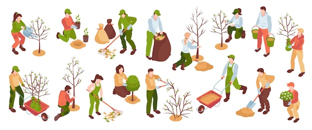 Spring gardening set with people performing different works outdoors 3d isometric isolated vector illustration