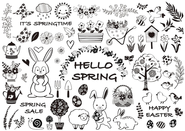 Spring And Happy Easter Black And White Vector Illustration Set