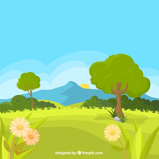 Spring landscape background with meadow and daisies