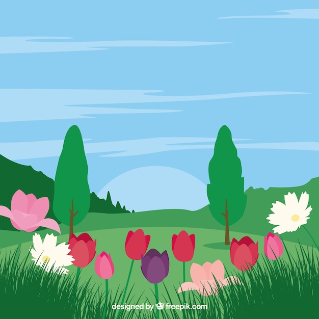 Free Vector spring landscape with flowers