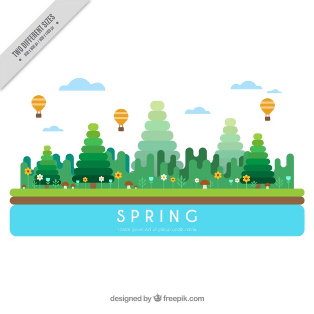 Spring landscape with geometric trees