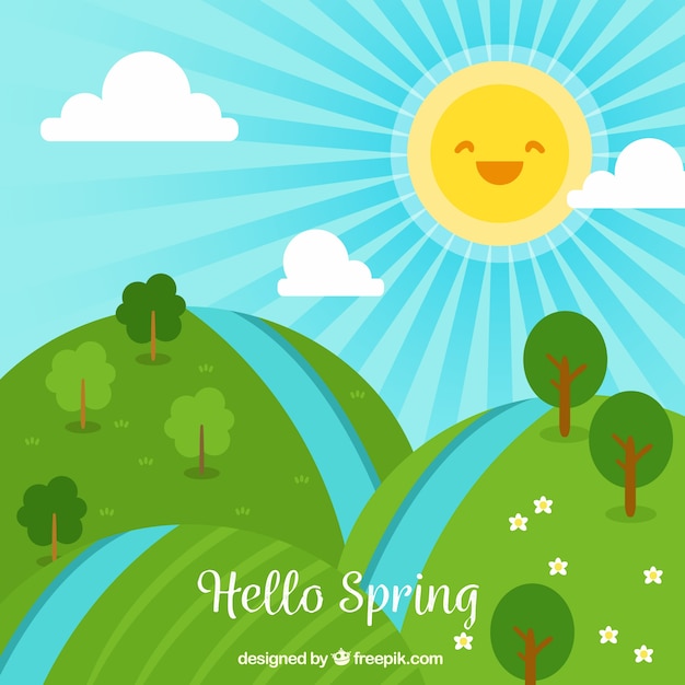 Free Vector spring landscape with laughing sun