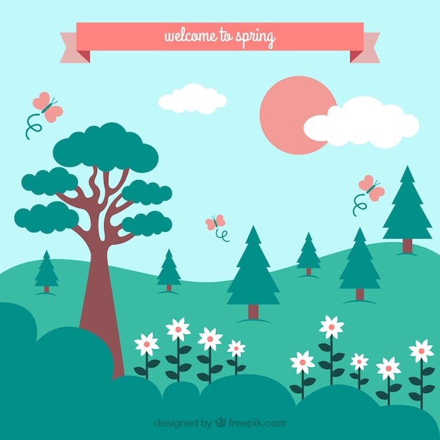 Free vector spring landscape with trees and flowers