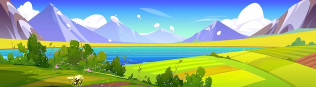 Free vector spring mountain nature and green field vector landscape illustration summer hill cartoon scenery with lake cloud and flower sunny rural village valley near river and pasture farmland backdrop