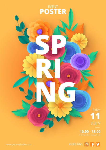 Free vector spring poster template with colorful paper cut flowers