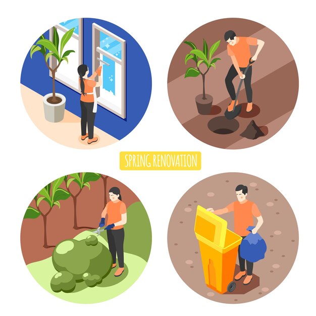 Spring renovation concept set of men and women washing window planting tree  trimming bush taking out trash isometric 