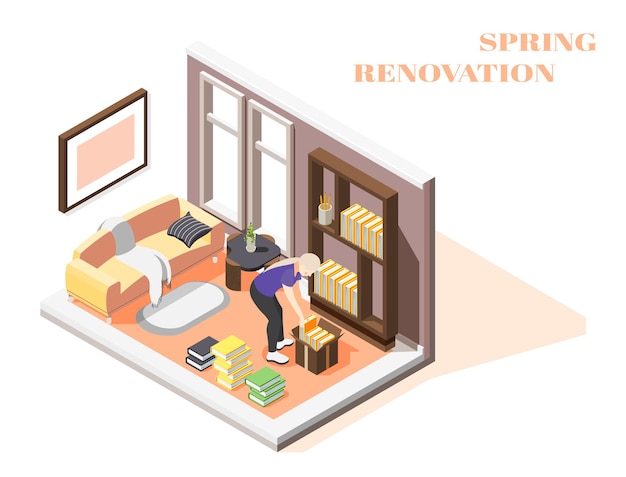 Free Vector spring renovation isometric composition with woman performing general cleaning of her room 