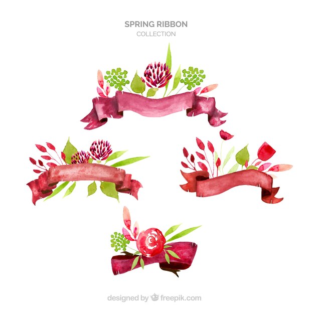 Spring ribbons with flowers collection in watercolor style