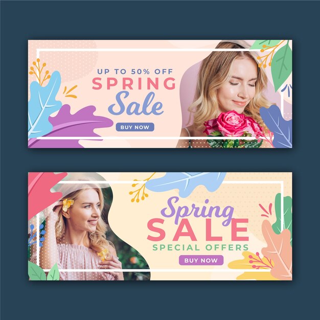 Spring sale banners with woman and flowers