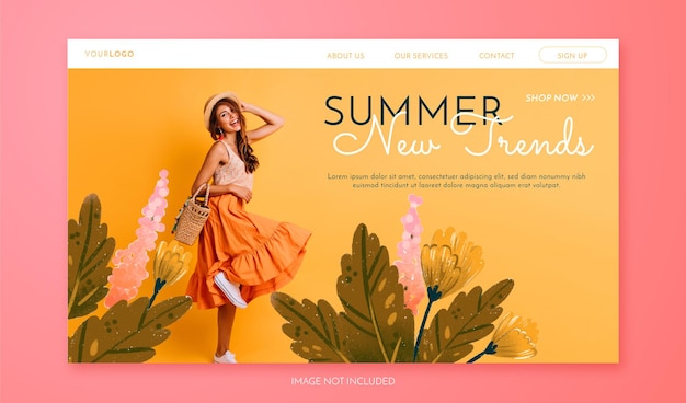 Spring sale landing page with photo hand drawn flowers