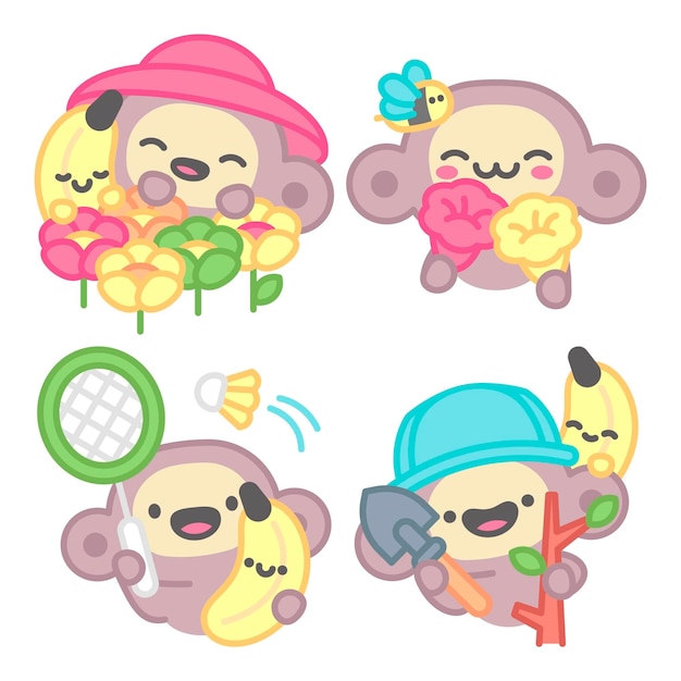 Free Vector spring stickers collection with monkey and banana