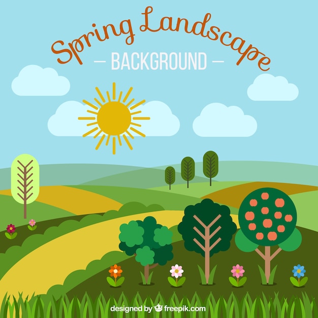 Free Vector spring sunny landscape background with trees