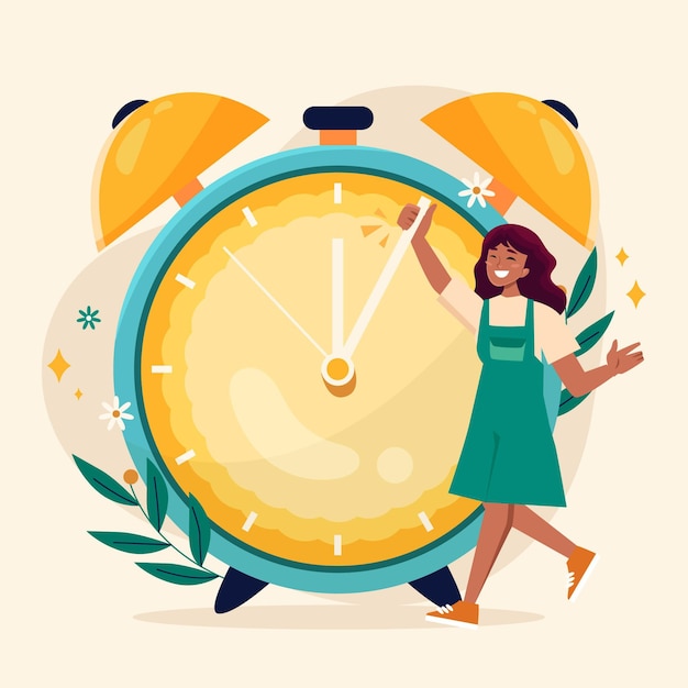 Spring time change illustration with clock and woman