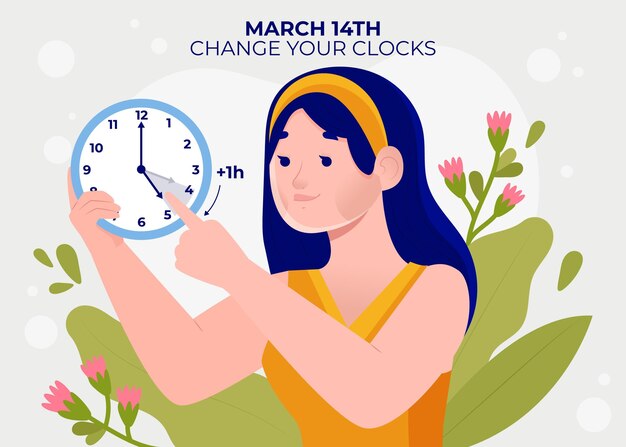 Spring time change illustration with woman and clock