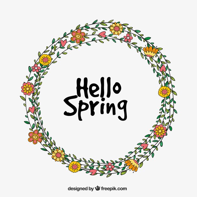 Spring wreath with hand-drawn flowers