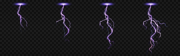 Sprite sheet with lightnings, thunderbolt strikes set for fx animation. realistic set of purple electric impact at night, sparking discharge of thunderstorm isolated on transparent background