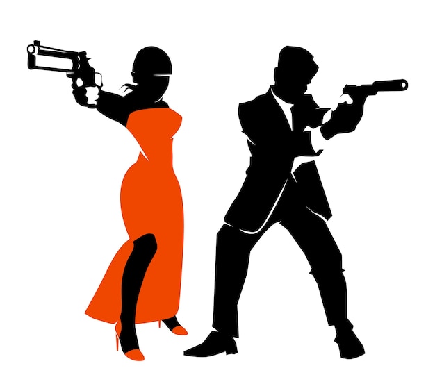 Free Vector spy couple vector set. detective man and woman, weapon and handgun illustration