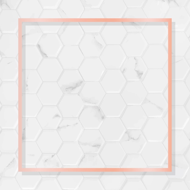 Square pink gold frame on hexagon pattern white marble background vector