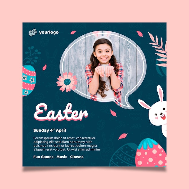 Square poster template for easter with bunny and girl