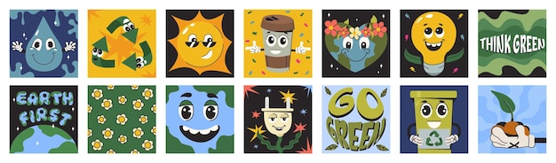 Free Vector square posters with funny characters of save the planet in trendy groovy style eco friendly stickers